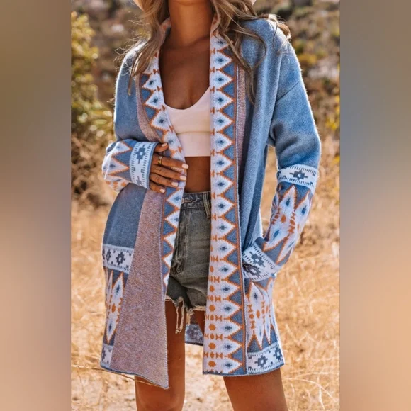 Chic Blue Aztec Cardigan Sweater Boutique Item - Picture 6 of 13